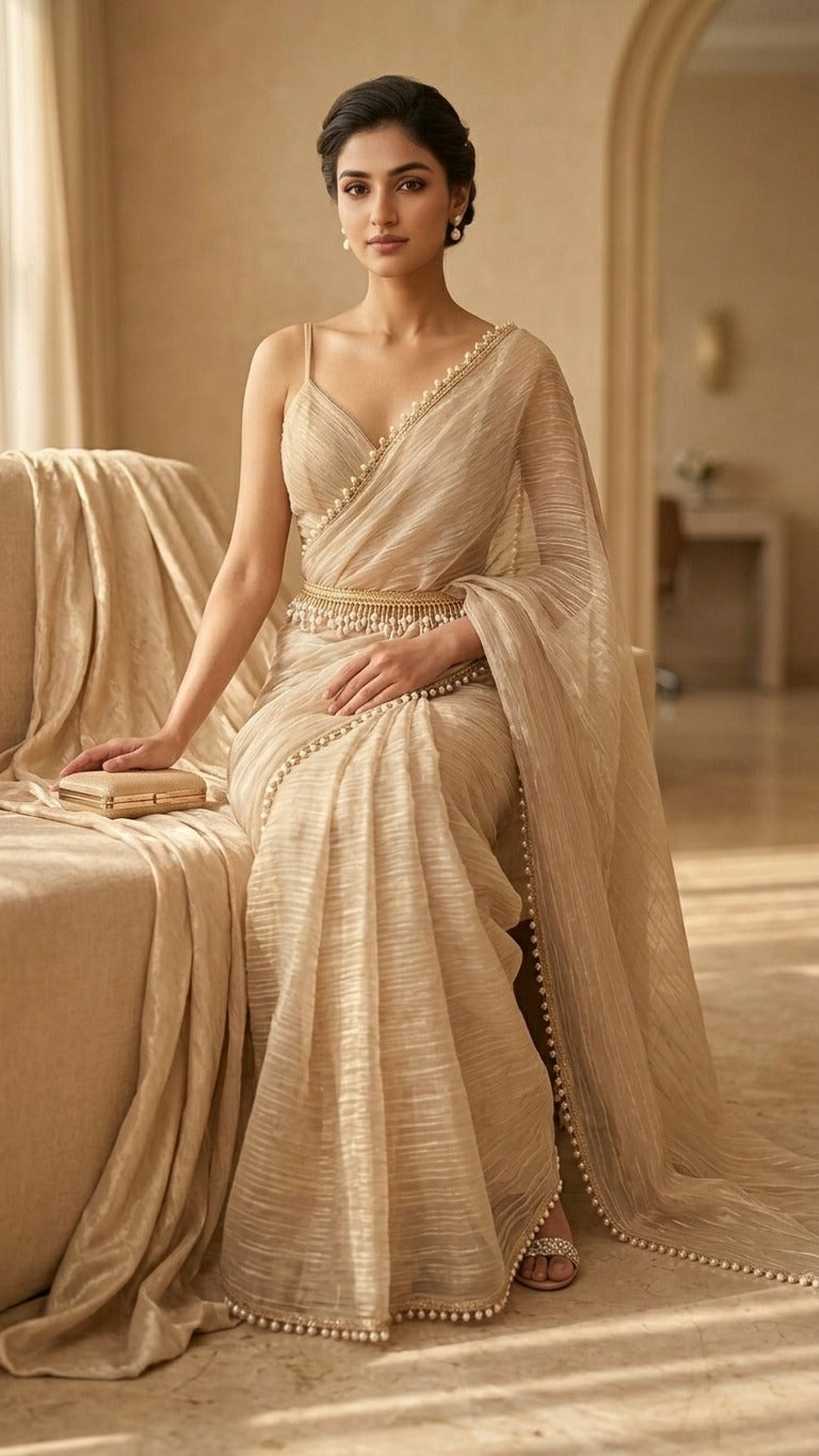 Moonstone Pearl Salsa Cringe Saree with Blouse Fabric and Belt