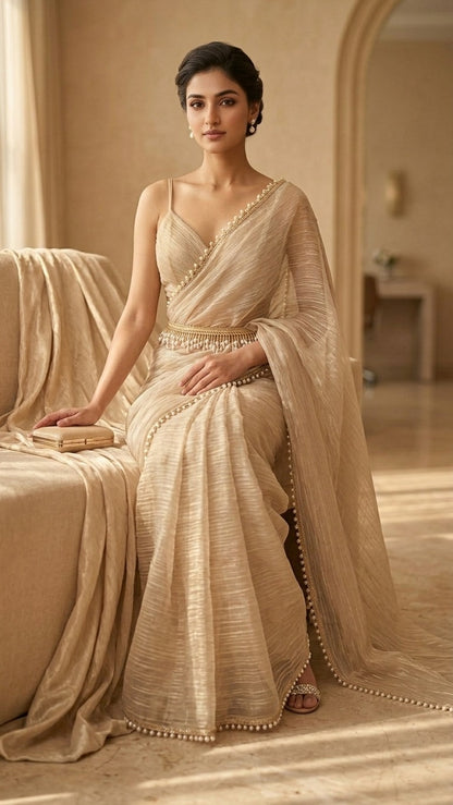 Moonstone Pearl Salsa Cringe Saree with Blouse Fabric and Belt