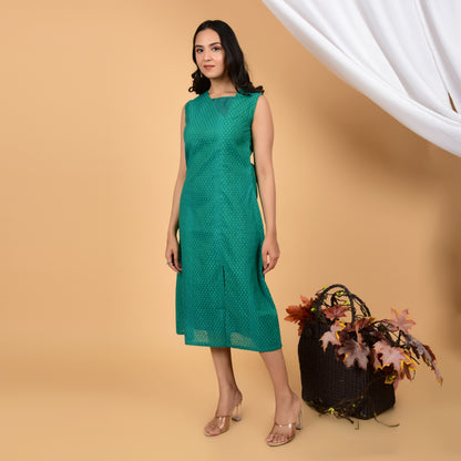 Elegant Green Sleeveless Chanderi Dress