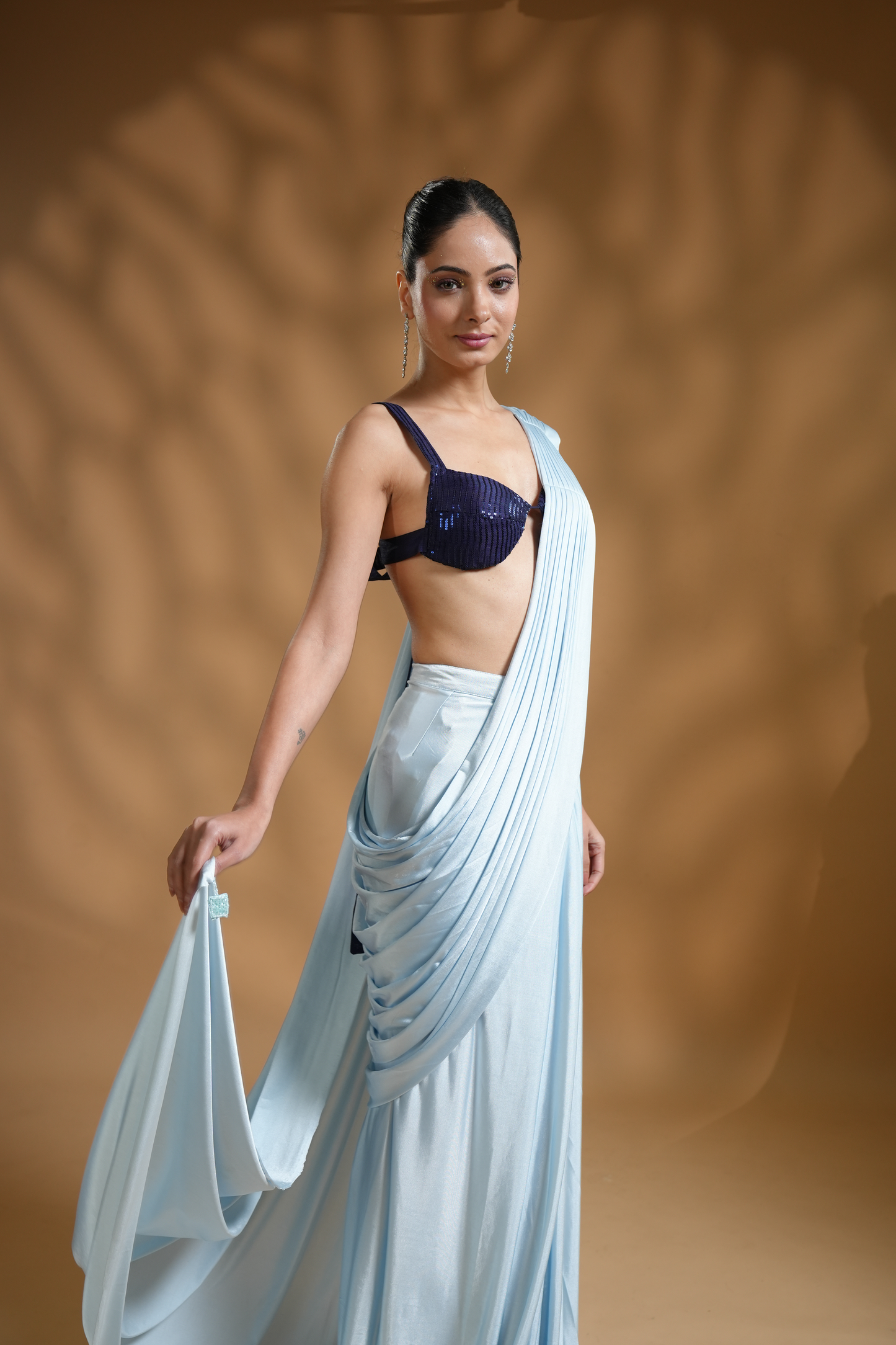 Premium Designer Blue Ready-to-Wear Saree with Unique Drape in Luxe Fabric