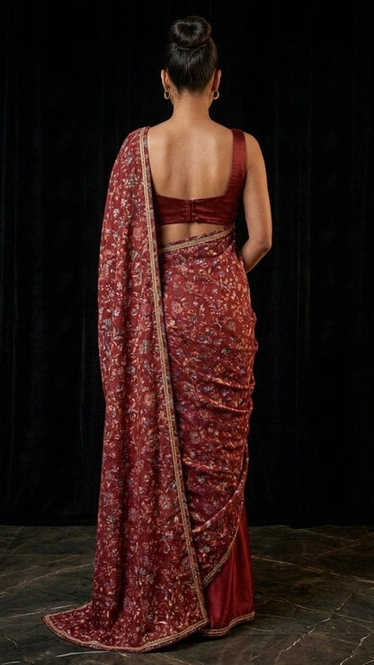 Crimson Floral Embroidered Cut Dana Silk Saree with Embellished Border & Blouse Fabric