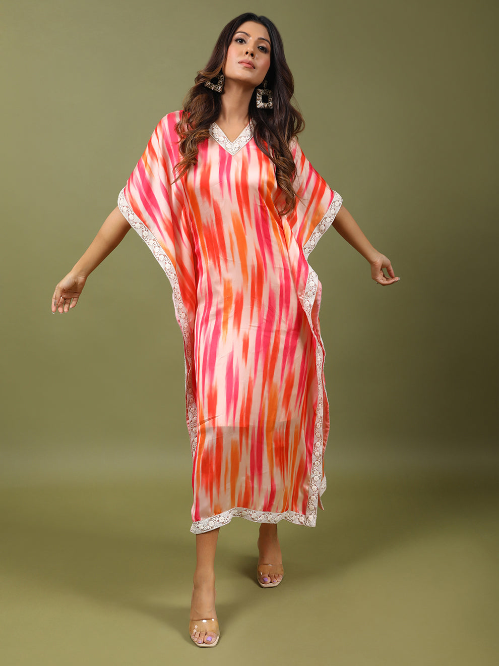 Long Kaftan in Rouge Pink and Orange (with Inner)