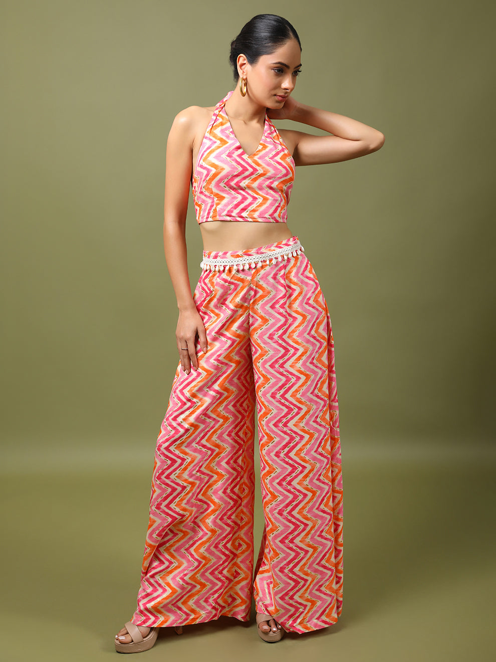 Charismatic Pink Geometric Print Co-ord set with Shell Embroidered Belt
