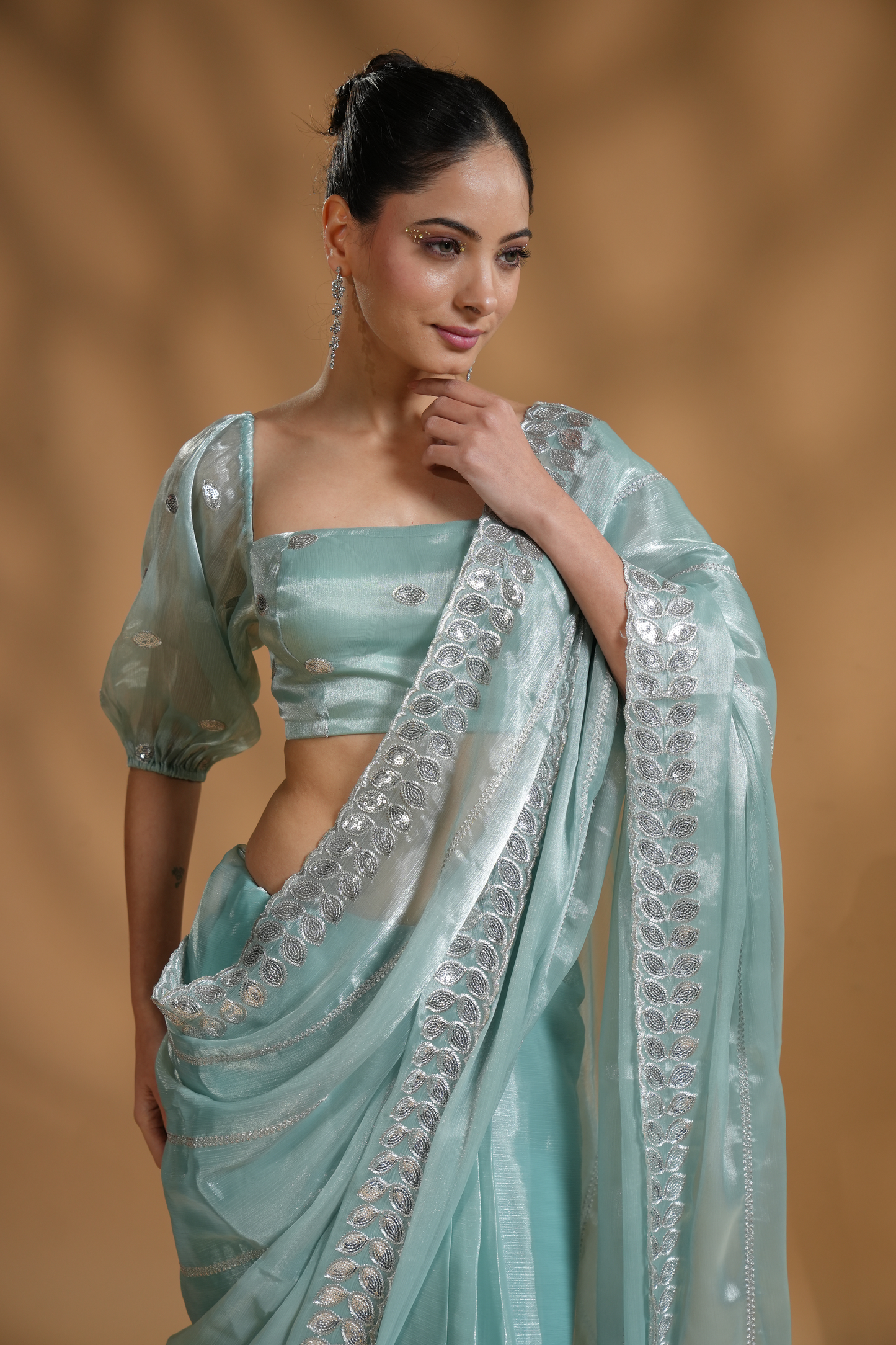 Elegant Aqua Light Embroidered Ready to Wear Saree with  Blouse Fabric