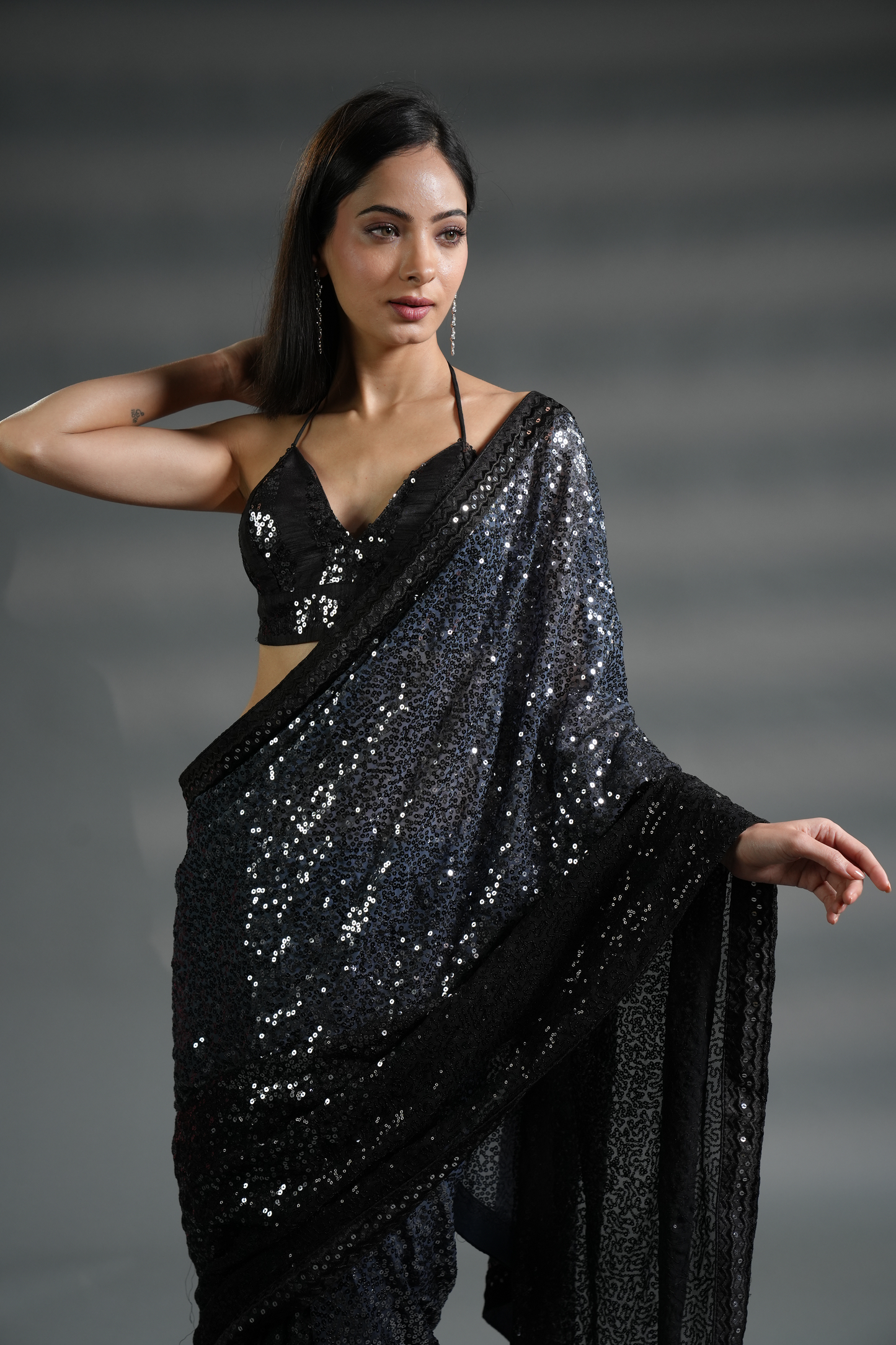 Ravishing Black Ready to Wear Sequin Saree and Blouse Fabric