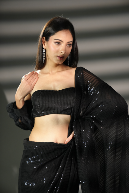 Dazzling Black Ready-to-Wear Premium Sequin Saree and Blouse Fabric