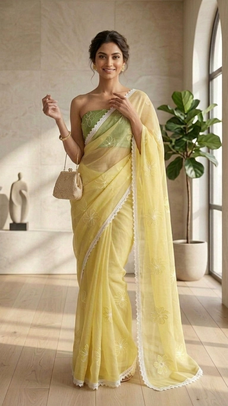 Enchanting Lemon Bloom Pure Mul Chanderi Embroidered Saree with Blouse Fabric