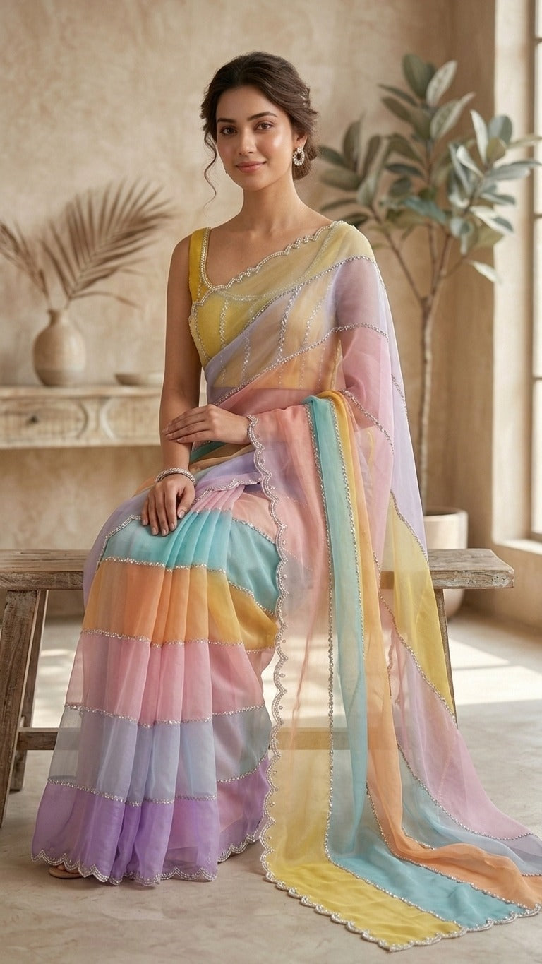 Rainbow Pastel Premium Embroidered Organza Saree with Embroidered Blouse Fabric