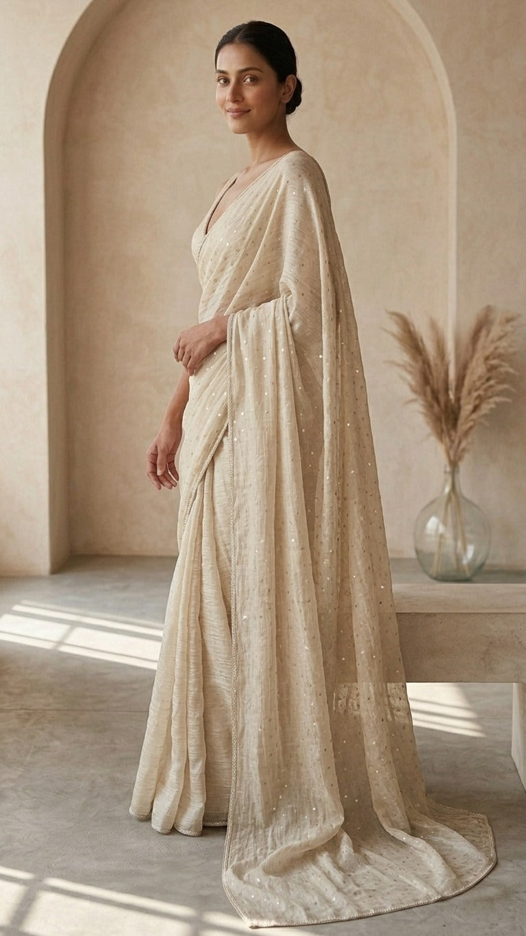 Royal Beige Crinkled Salsa Crystal Lace Saree with Blouse Fabric