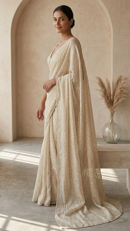 Royal Beige Crinkled Salsa Crystal Lace Saree with Blouse Fabric