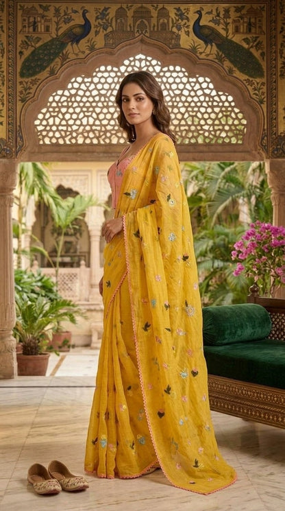 Sunlit Yellow Floral Embroidered Pure Mul Chanderi Saree with Blouse Fabric
