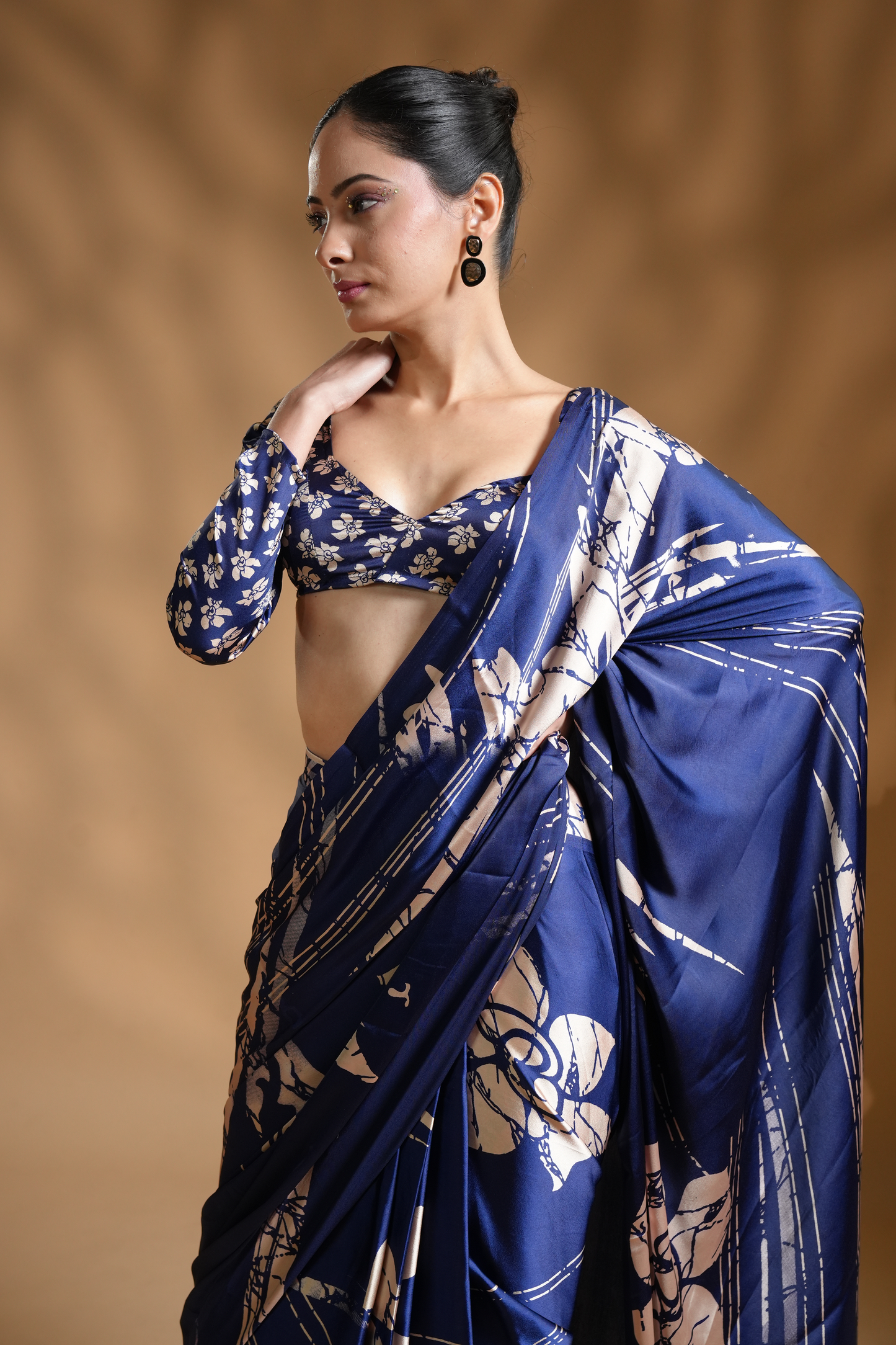 Premium Satin Blue Ready to Wear Saree and Blouse Fabric