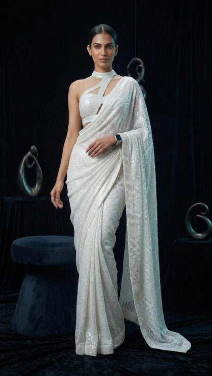 Rainbow Fairytale Sequin Glam Saree with Blouse Fabric