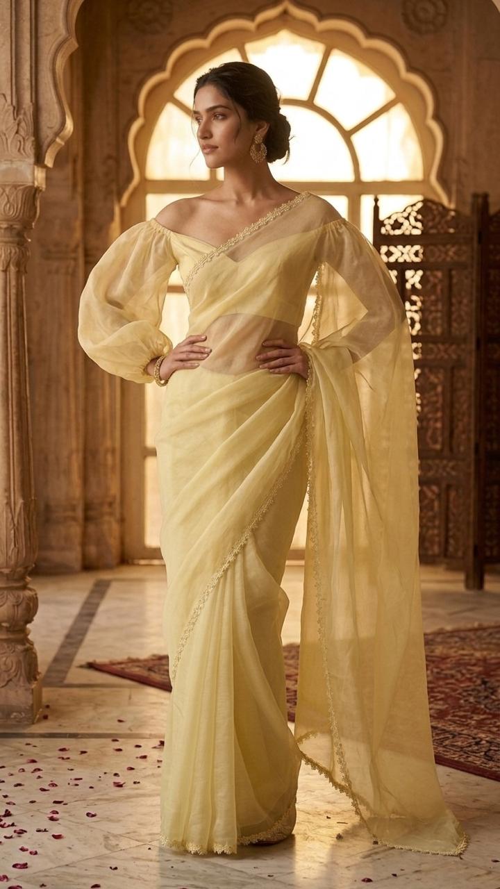 Pastel Yellow Organza Saree with Floral Lace and Blosue Fabric