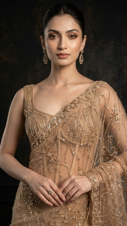 Luxe Heavy-Embroidered Golden Saree with Blouse Fabric