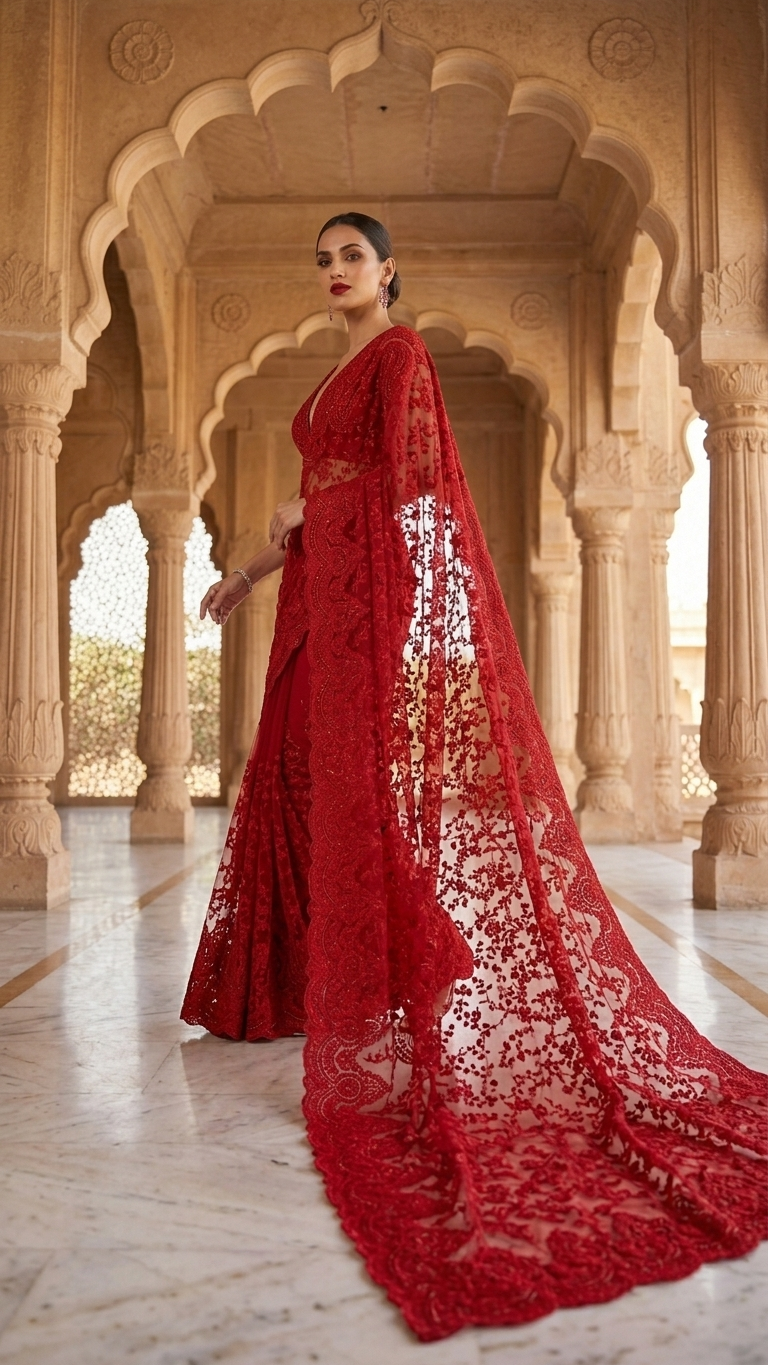 Royal Luxe Red Hand-Embroidered Heavy Work Saree with Blouse Fabric