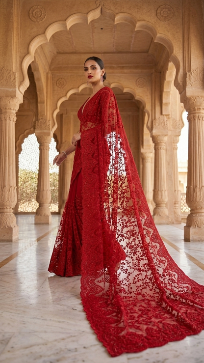 Royal Luxe Red Hand-Embroidered Heavy Work Saree with Blouse Fabric