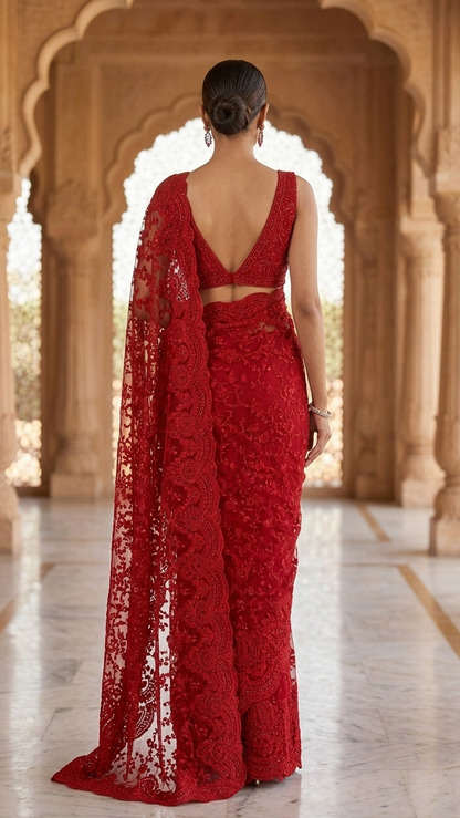 Royal Luxe Red Hand-Embroidered Heavy Work Saree with Blouse Fabric