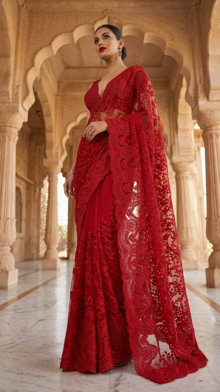 Royal Luxe Red Hand-Embroidered Heavy Work Saree with Blouse Fabric