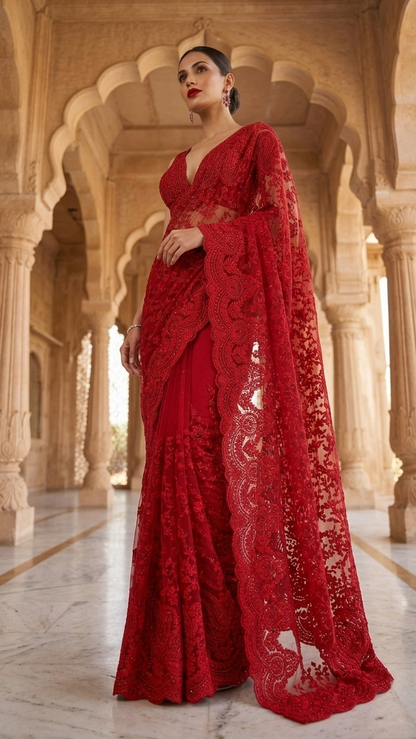 Royal Luxe Red Hand-Embroidered Heavy Work Saree with Blouse Fabric
