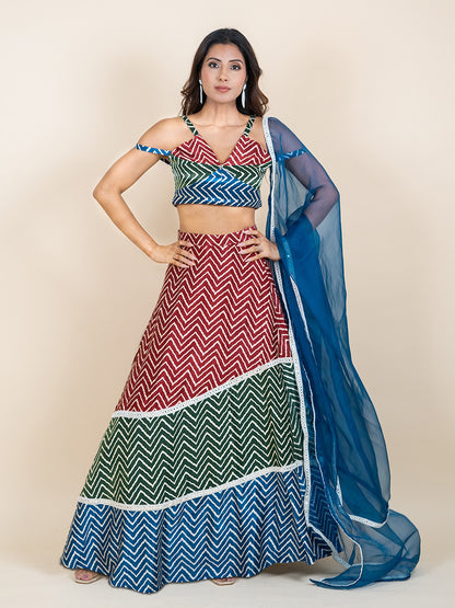 Multi-colored Premium Silk Leheriya Lehenga Set (Set of 3)