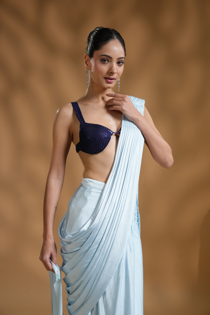 Premium Designer Blue Ready-to-Wear Saree with Unique Drape in Luxe Fabric