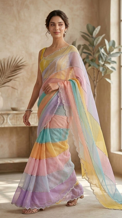 Rainbow Pastel Premium Embroidered Organza Saree with Embroidered Blouse Fabric