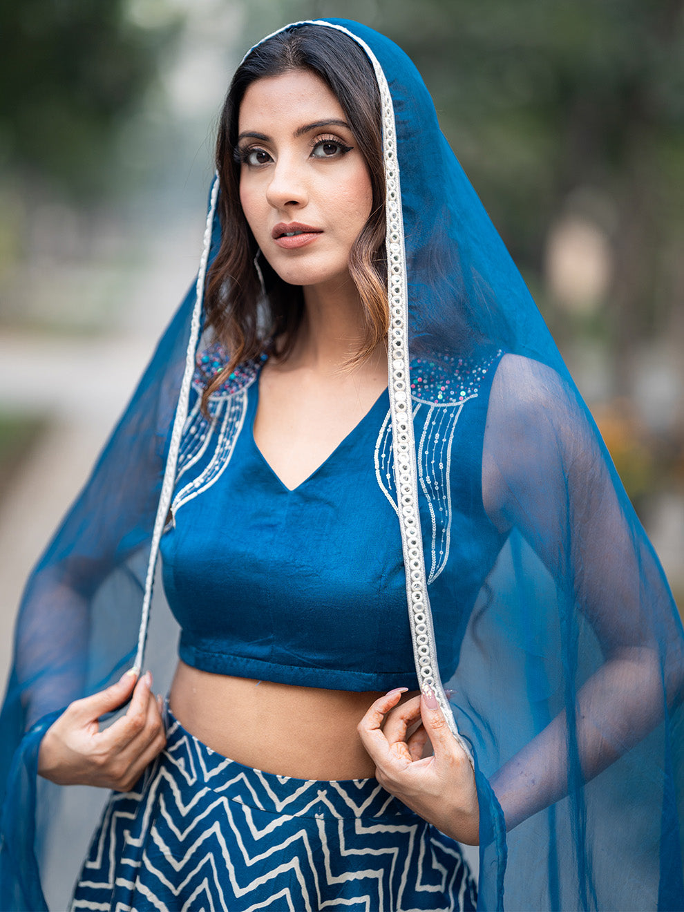 Rich Blue Silk Hand-embroidered Blouse and Double Skirt Lehenga Set