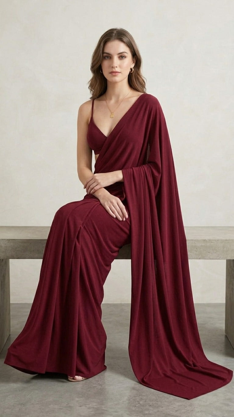 Ready to Wear Maroon Serenity Lycra Saree with Blouse Fabric