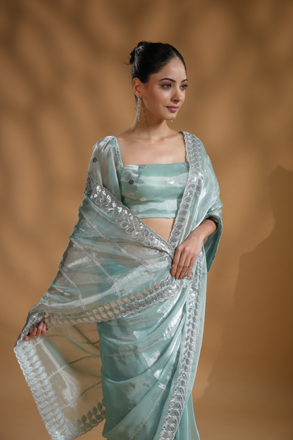 Elegant Aqua Light Embroidered Ready to Wear Saree with  Blouse Fabric