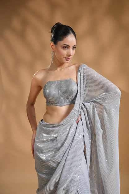 Twinkling Luxe Ready to Wear Sequin Saree and Blouse Fabric