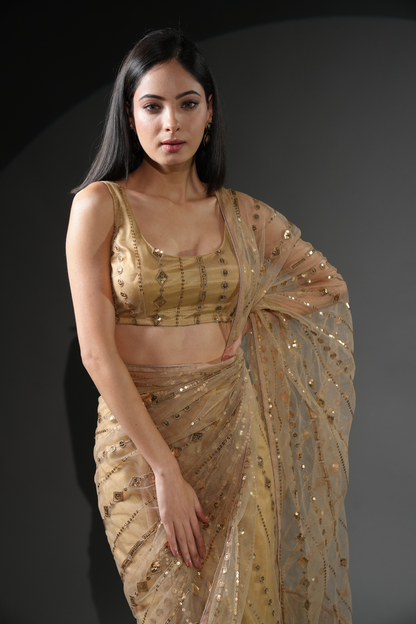 Vibrant Golden Ready to Wear Embellished Saree and Blouse Fabric