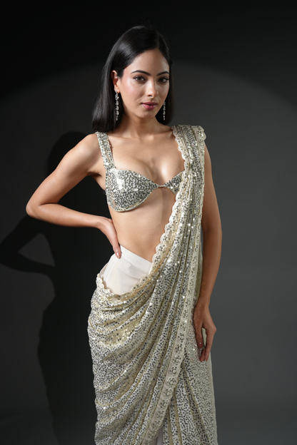 Premium Luxe Sequin Infused Ready-to-Wear Saree with Designer Blouse Fabric