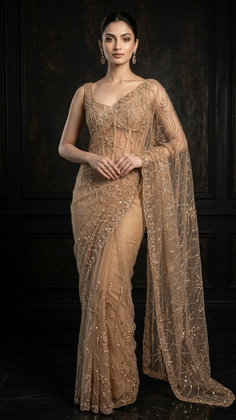 Luxe Heavy-Embroidered Golden Saree with Blouse Fabric