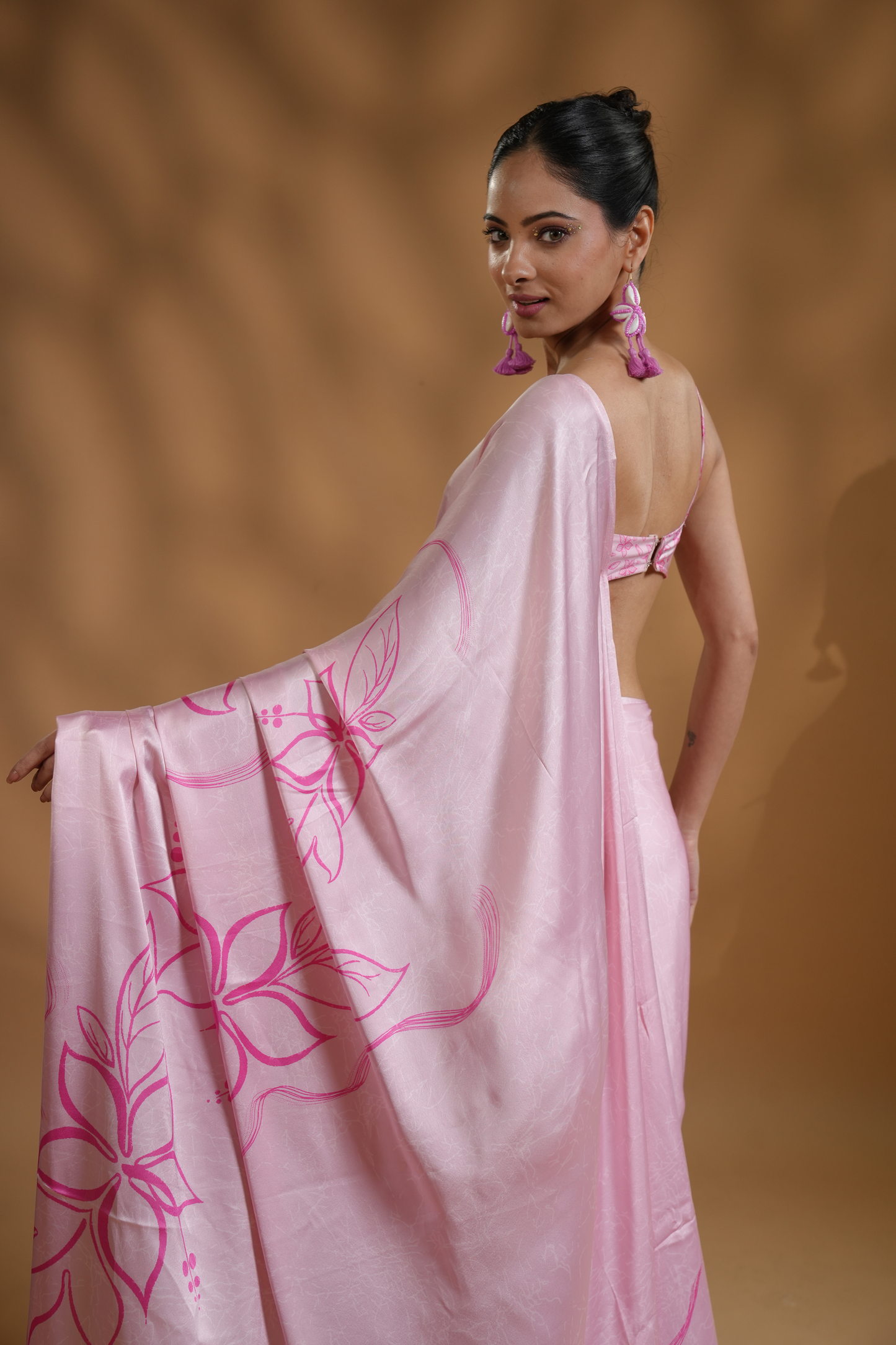 Luxe Premium Satin Pink Ready to Wear Saree and Blouse Fabric