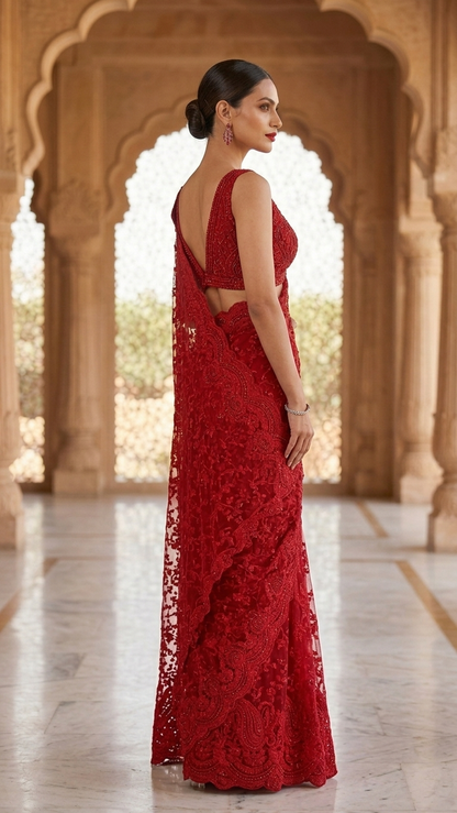 Royal Luxe Red Hand-Embroidered Heavy Work Saree with Blouse Fabric