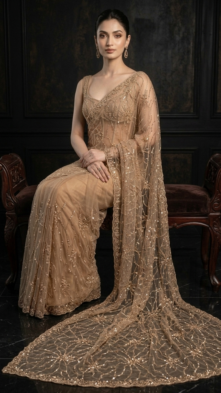 Luxe Heavy-Embroidered Golden Saree with Blouse Fabric