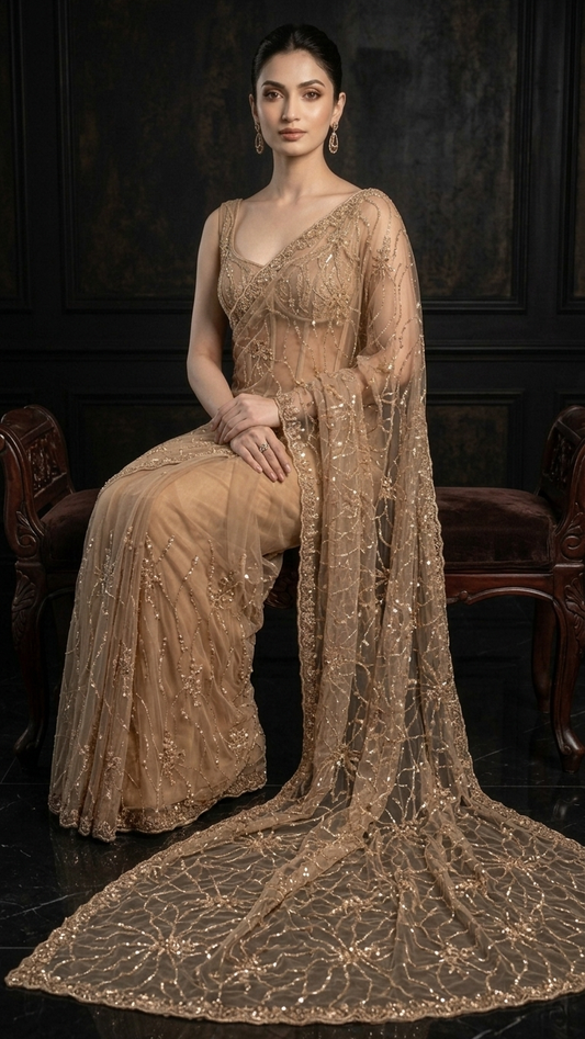 Luxe Heavy-Embroidered Golden Saree with Blouse Fabric
