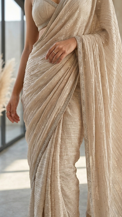Royal Beige Crinkled Salsa Crystal Lace Saree with Blouse Fabric