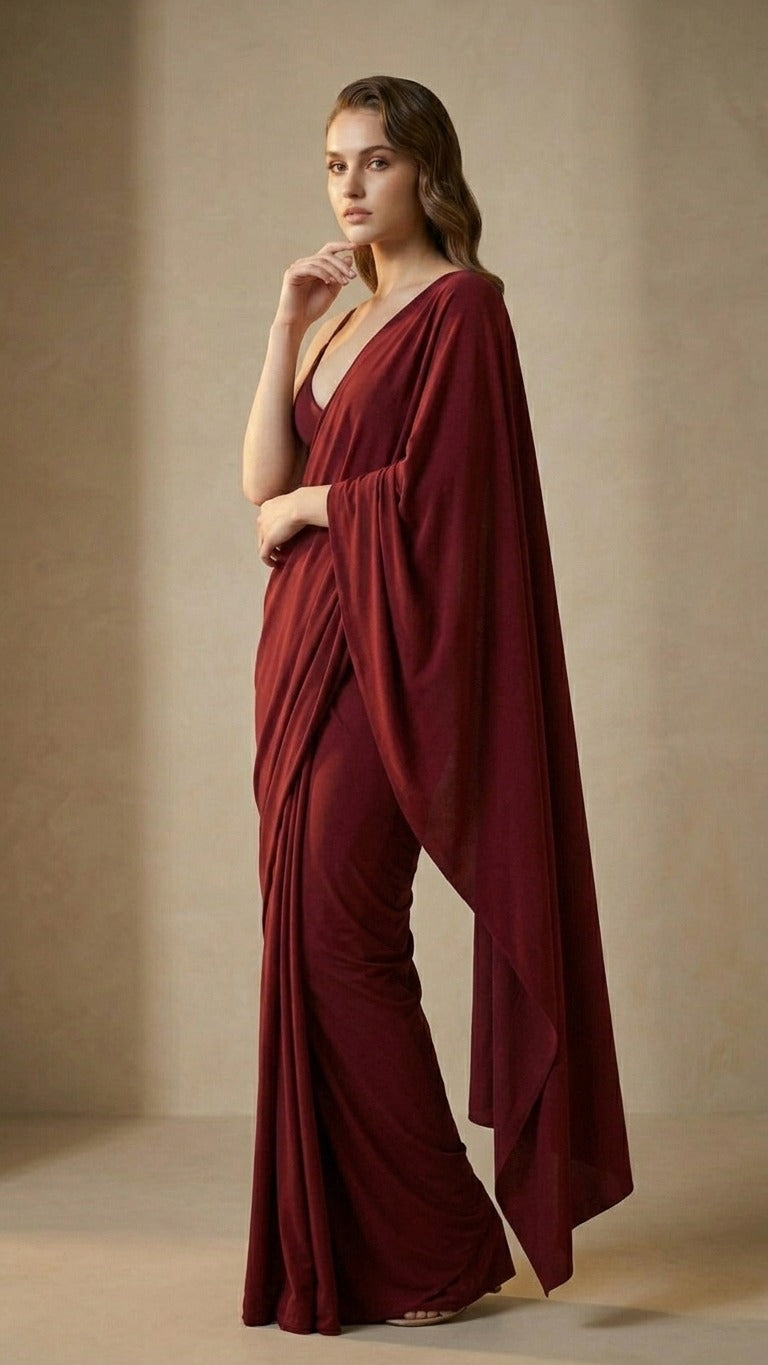 Ready to Wear Maroon Serenity Lycra Saree with Blouse Fabric