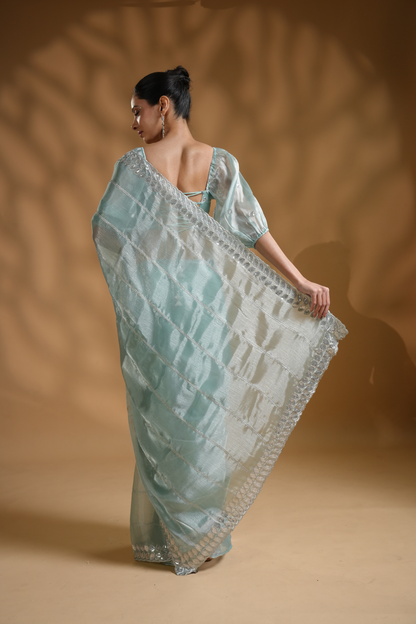 Elegant Aqua Light Embroidered Ready to Wear Saree with  Blouse Fabric