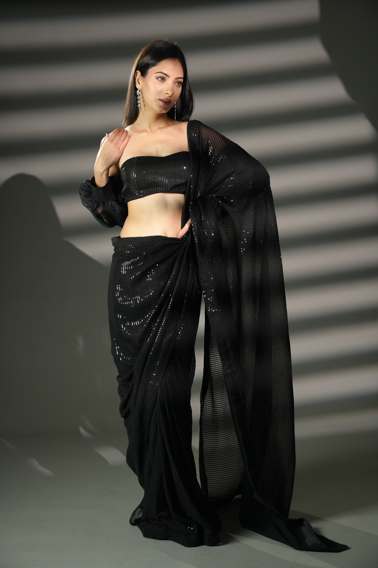 Dazzling Black Ready-to-Wear Premium Sequin Saree and Blouse Fabric