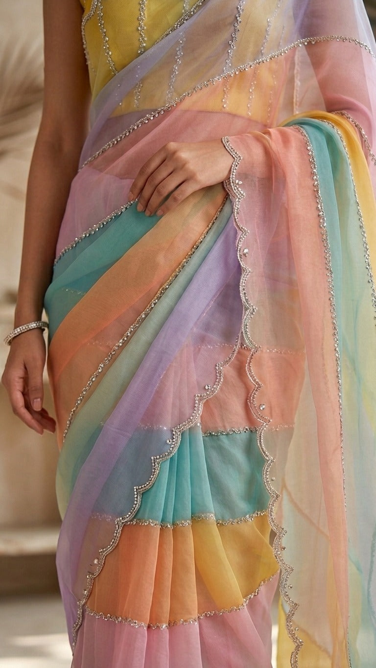Rainbow Pastel Premium Embroidered Organza Saree with Embroidered Blouse Fabric