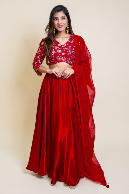 Red Embroidered Top and Silk Skirt set with Dupatta