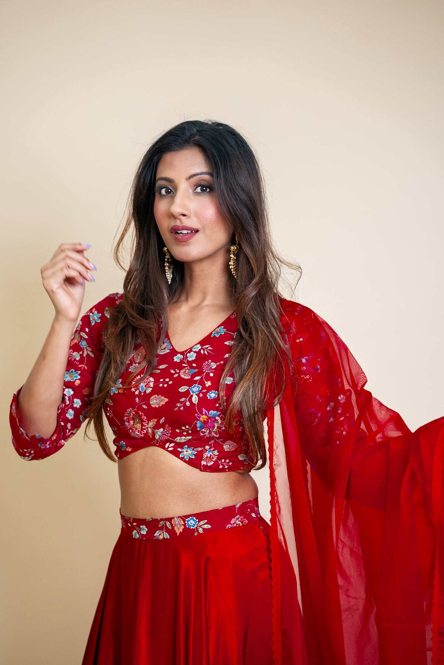 Red Embroidered Top and Silk Skirt set with Dupatta