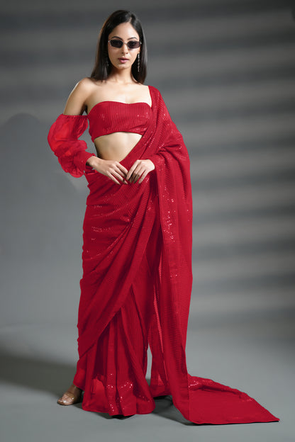 Stunning Red Ready to Wear Sequin Saree with Premium Blouse Fabric