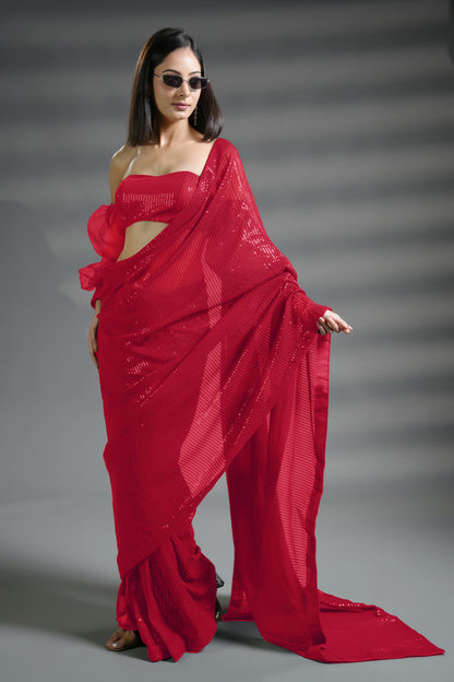 Stunning Red Ready to Wear Sequin Saree with Premium Blouse Fabric