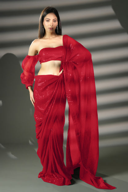 Stunning Red Ready to Wear Sequin Saree with Premium Blouse Fabric