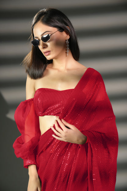 Stunning Red Ready to Wear Sequin Saree with Premium Blouse Fabric