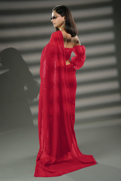 Stunning Red Ready to Wear Sequin Saree with Premium Blouse Fabric